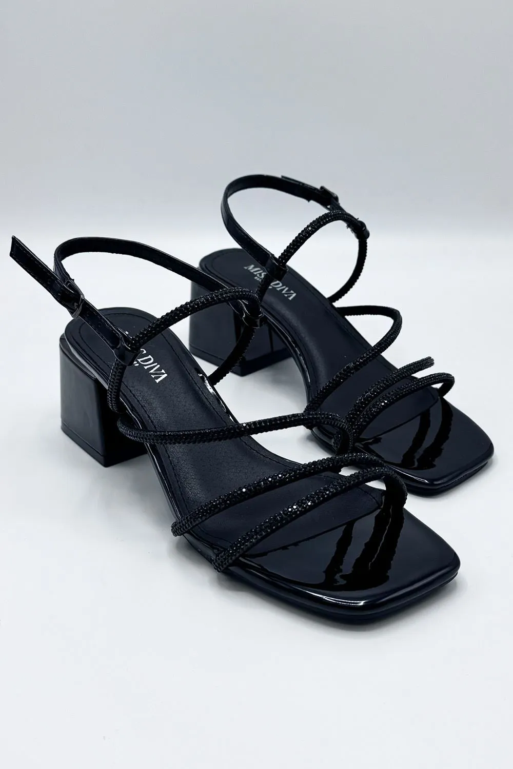 Irene Diamante Embellished 3 Strap Block Heel Sandals in Black