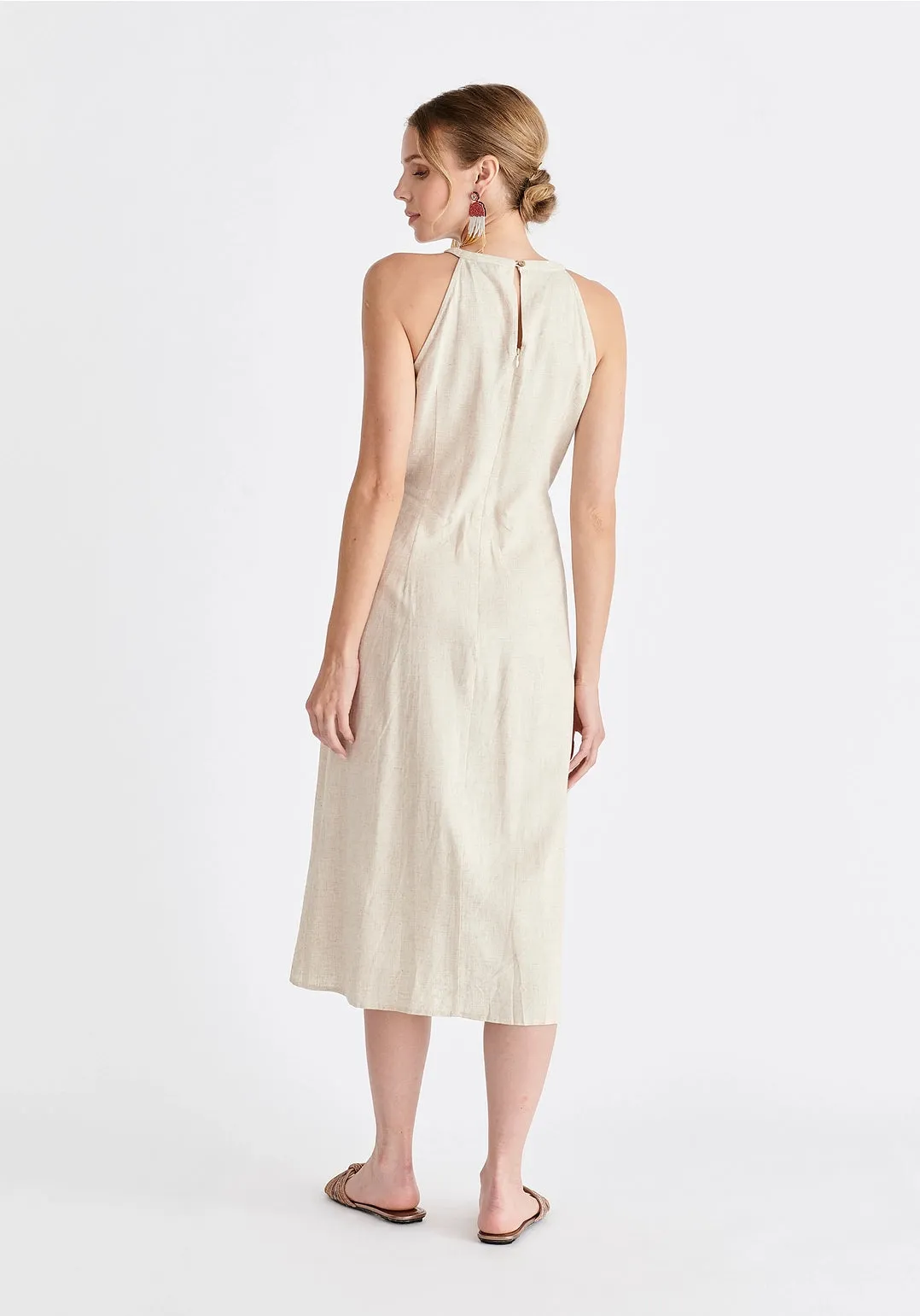 Linen Blend Waist Tie Dress - Oat